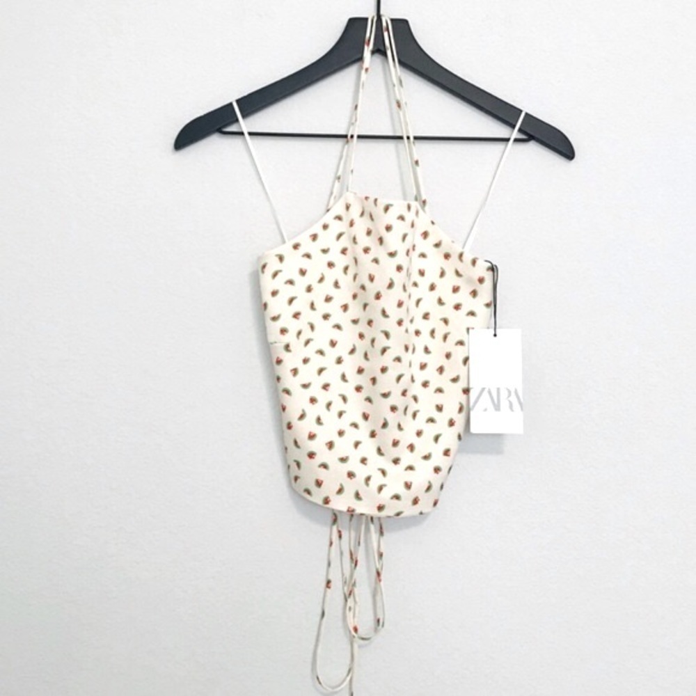 New! ZARA Y2K Watermelon Strappy Bandanna Satin Cropped Printed Blouse Top - Picture 3 of 9
